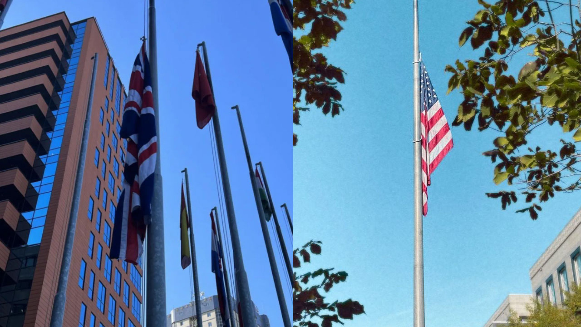 Почему приспущены флаги в великобритании. Посольство Британии в Казахстане. Улицы США. Флагшток на здание. Посольство США В Англии.