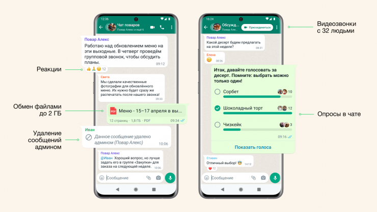  />

Сонымен қатар, әзірлеушілер мессенджердегі топтарға жаңа пайдалы функцияларды қосты. Енді чатта сауалнамалар құруға, 32 адамға дейін бейне қоңыраулар шалуға және 1024 пайдаланушыға дейін топтар құруға мүмкіндік бар. Бұл функциялардың бәрін кез келген топта пайдалануға болады (эмодзилермен реакциялар, файлдарды бөлісу және әкімшінің хабарламаларды жою мүмкіндігі), бірақ олар қауымдастықтар үшін пайдалы болады.

Мессенджер блогы алда тағы бірнеше функцияны іске қосу жоспарланып отырғанын атап өтті.
<p style=